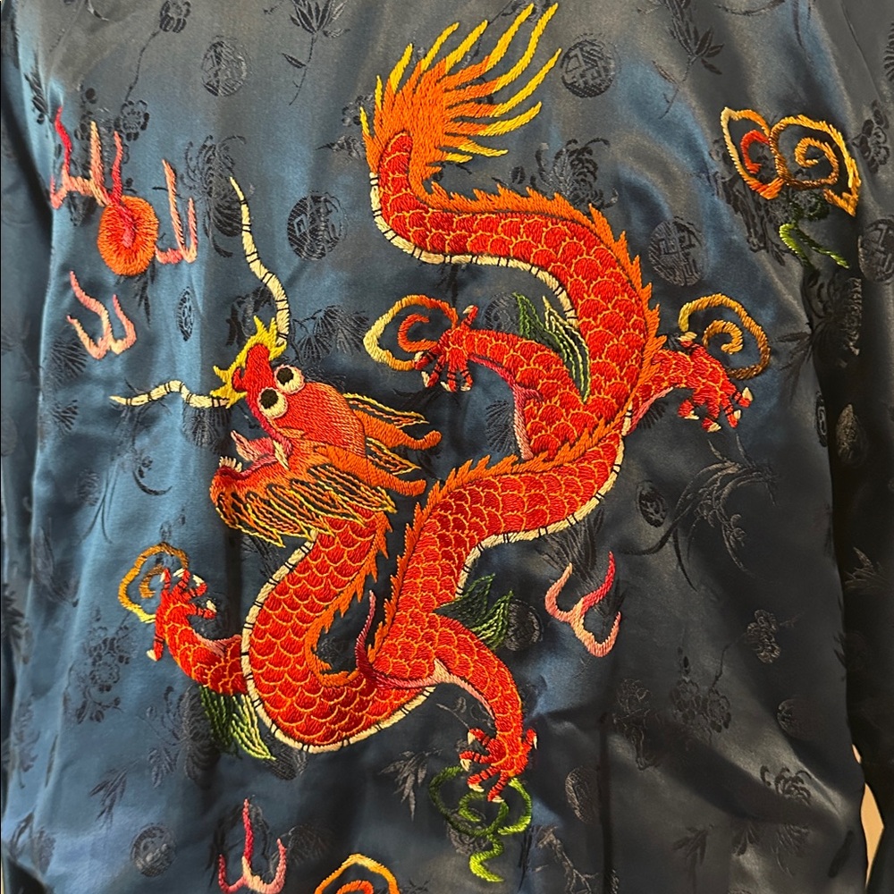 Vintage Esme Women's embroidered dragon embossed Chinese blue L pure silk robe - Picture 11 of 14